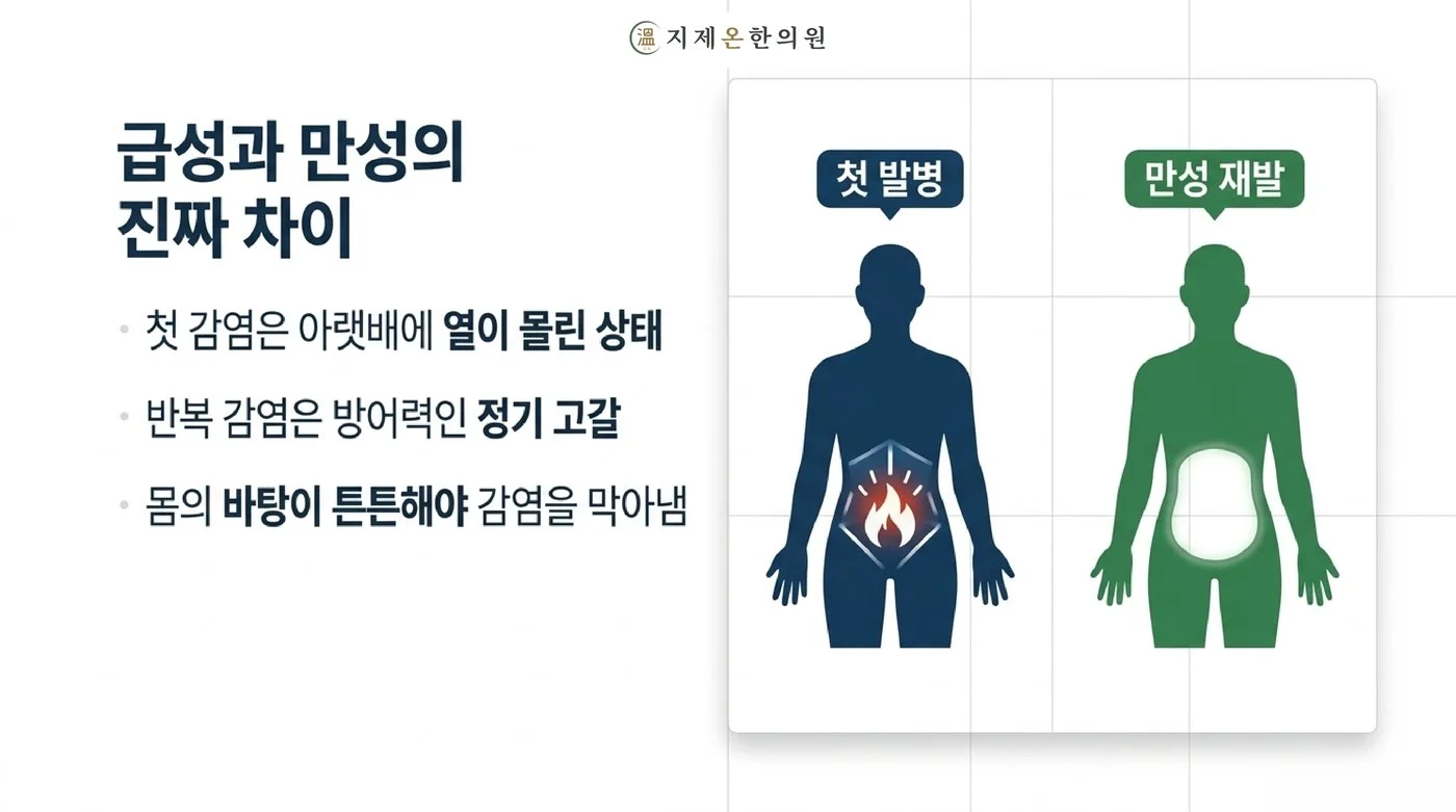 처음 생긴 방광염은 아랫배에 열이 몰린 상태, 반복되는 방광염은 방어력인 정기가 고갈된 상태라는 한의학적 비교
