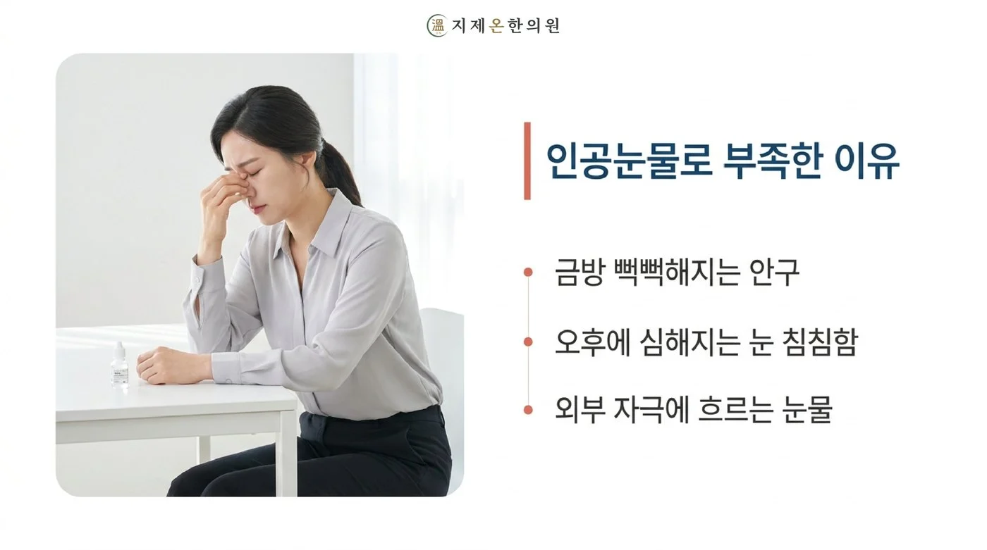 금방 뻑뻑해지는 안구와 오후에 심해지는 침침함, 외부 자극에 흐르는 눈물이라는 안구건조증의 불편