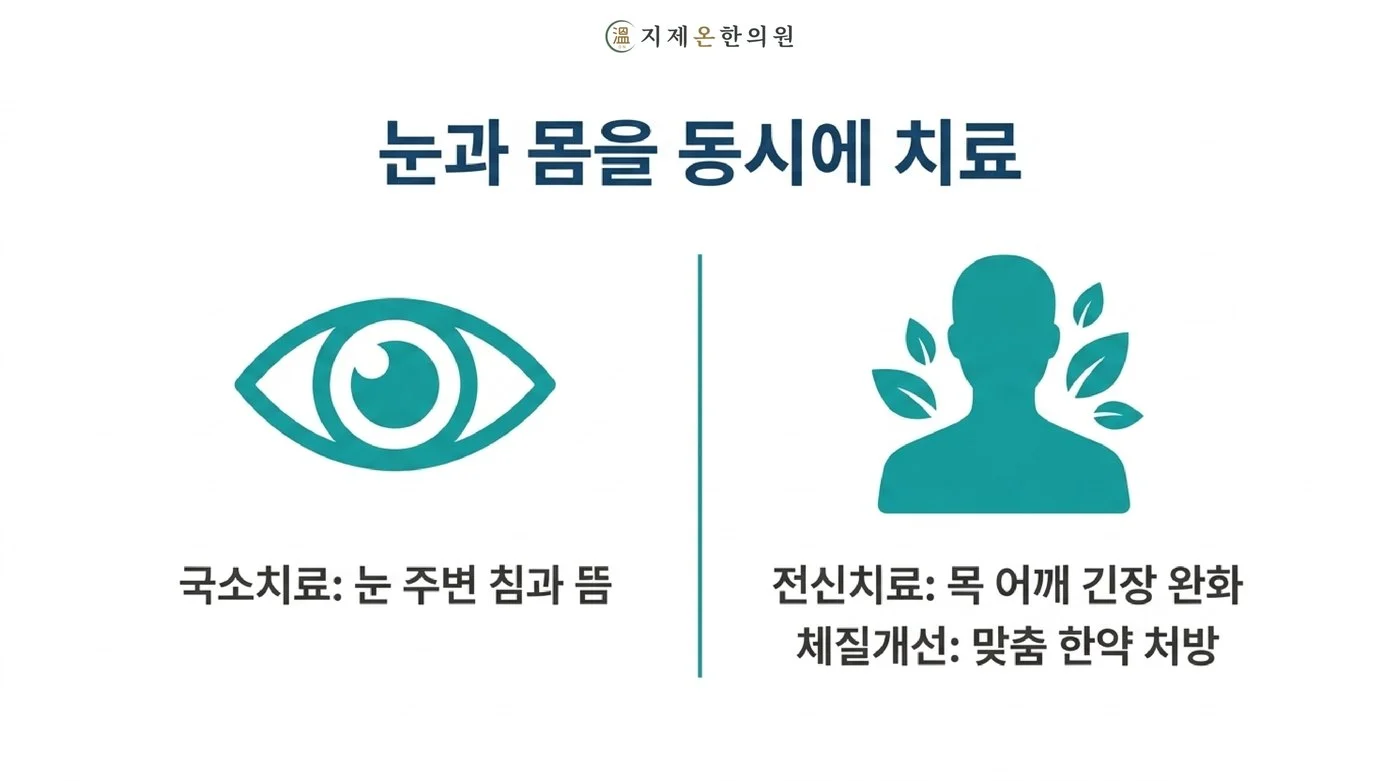 눈 주변의 침과 뜸이라는 국소 치료와 목 어깨 긴장 완화 및 맞춤 한약이라는 전신 치료