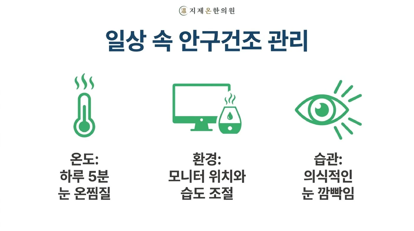 하루 오 분 눈 온찜질, 모니터 위치와 습도 조절, 의식적인 눈 깜빡임이라는 일상 관리