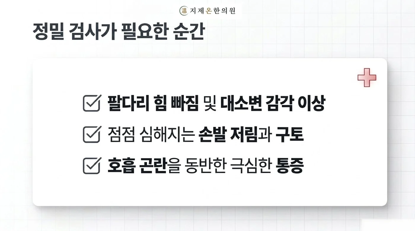 팔다리 힘 빠짐과 대소변 감각 이상, 심해지는 저림과 구토, 호흡 곤란을 동반한 통증처럼 정밀 검사가 필요한 신호
