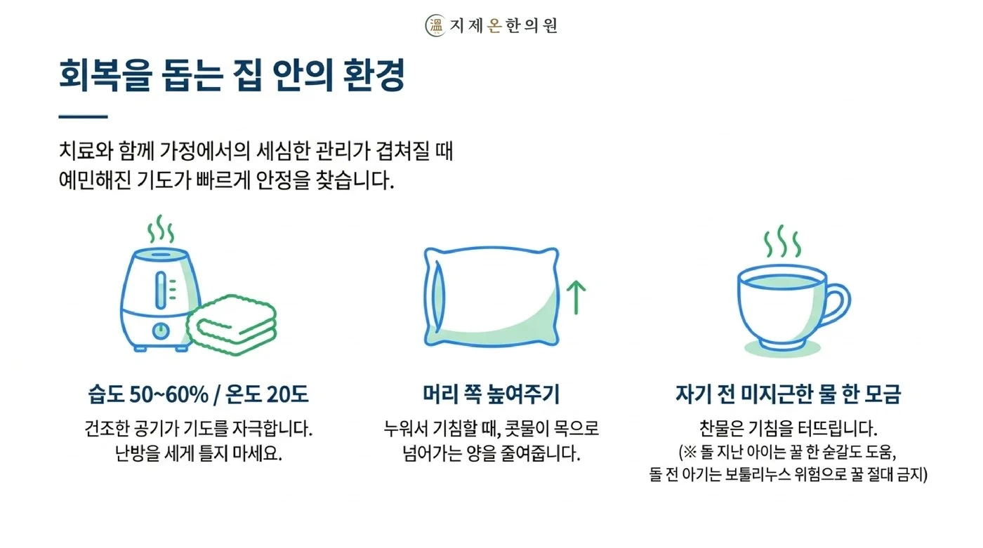습도 50에서 60퍼센트와 실내 온도 20도, 머리 쪽 높여 주기, 자기 전 미지근한 물 한 모금이라는 집 안 관리