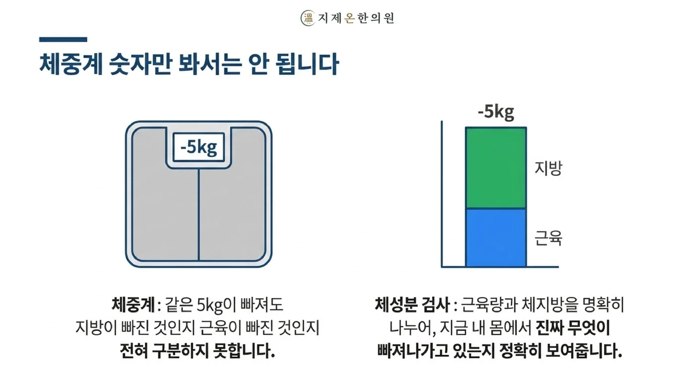 같은 5킬로그램이 빠져도 체중계는 지방인지 근육인지 구분하지 못하고, 체성분 검사는 근육량과 체지방을 나눠 보여 준다는 비교