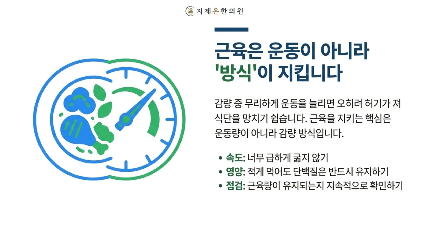 너무 급하게 굶지 않기, 적게 먹어도 단백질 유지하기, 근육량이 유지되는지 점검하기라는 세 가지 핵심