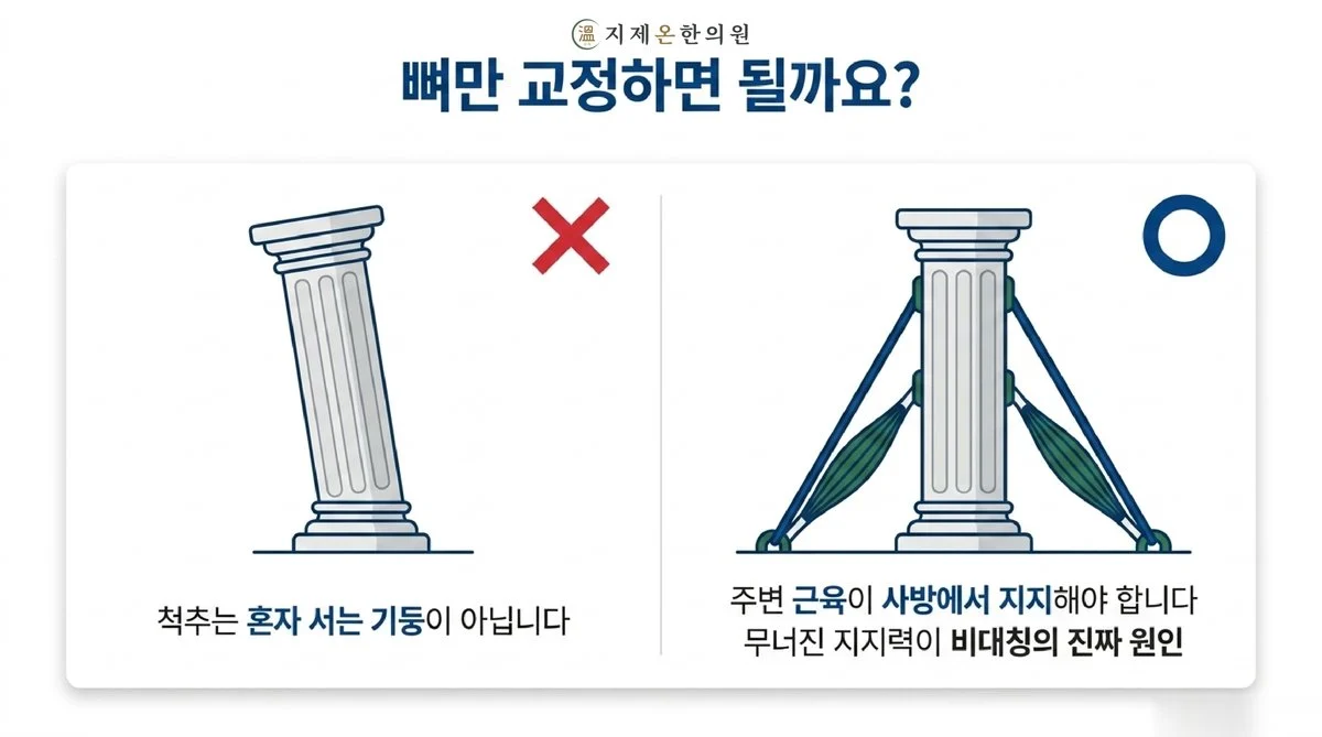 뼈만 교정하면 될까요? 척추는 혼자 서는 기둥이 아닙니다. 주변 근육이 사방에서 지지해야 합니다. 무너진 지지력이 비대칭의 진짜 원인