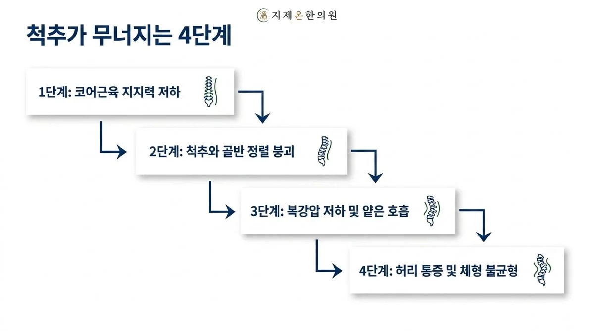척추가 무너지는 4단계 - 1단계 코어근육 지지력 저하, 2단계 척추와 골반 정렬 붕괴, 3단계 복강압 저하 및 얕은 호흡, 4단계 허리 통증 및 체형 불균형