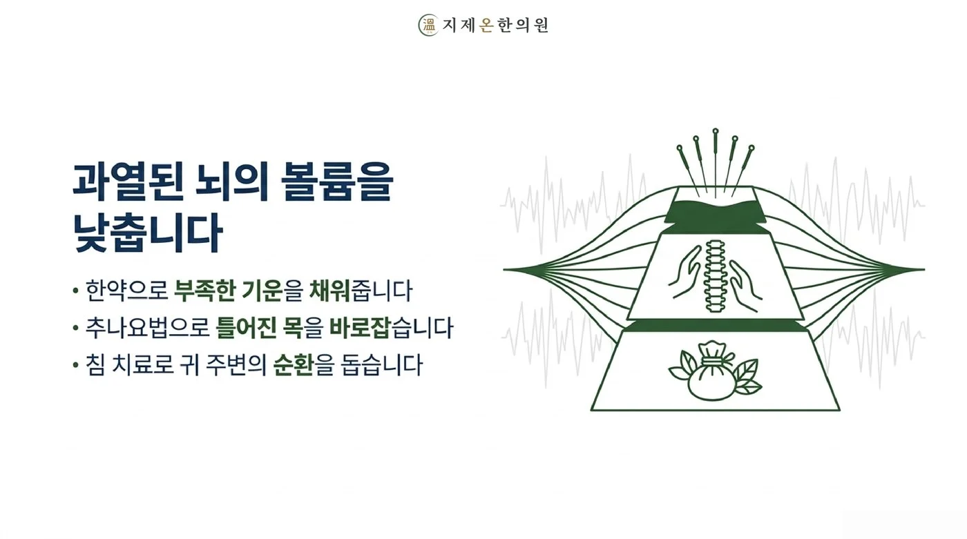한약으로 부족한 기운을 채우고 추나요법으로 틀어진 목을 바로잡으며 침으로 귀 주변 순환을 돕는 치료