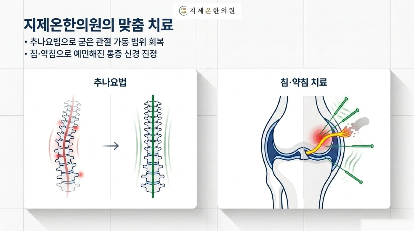 굳은 척추와 관절의 가동 범위를 되찾는 추나요법과 예민해진 통증 부위를 가라앉히는 침·약침 치료